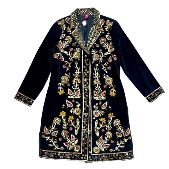 Sandy Starkman Jackets & Blazers - Velveteen Floral Embroidered Trench Coat Large Black